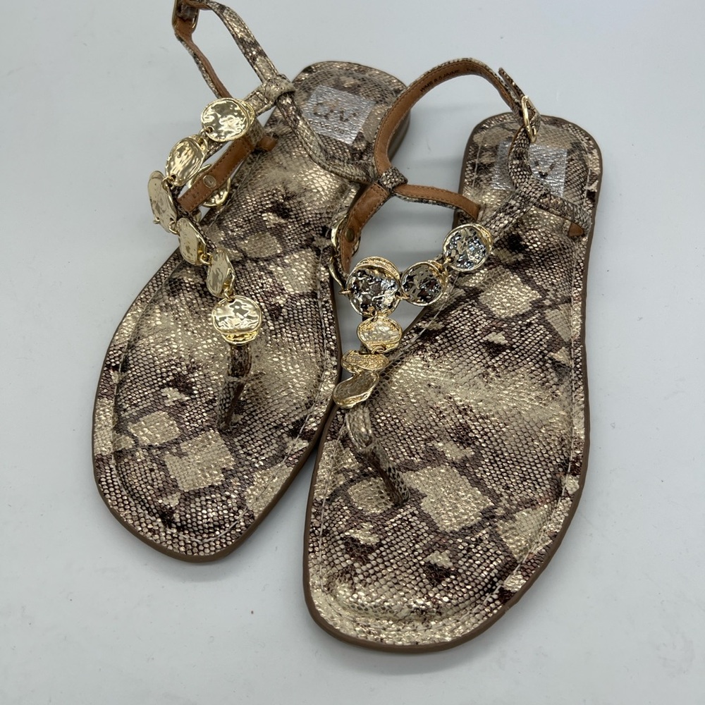 Gold Dolce Vita Snake-Print T-Strap Sandals with Gold Medallion Accents